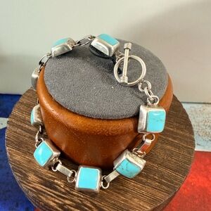 925, Sterling Vintage Mexico Turquoise and Silver Bracelet, Toggle Clasp 7.25”